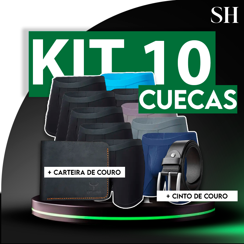 Kit 10 Cuecas Masculinas em Fibra de Bambu Fresquinhas Brabus + BRINDE: 1 Carteira de Couro e 1 Cinto