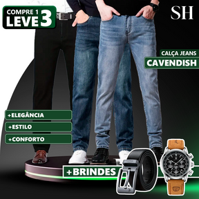 Kit 3 Calças Jeans Masculina Cavendish +BRINDE: 1 Cinto de Couro e 1  Relógio Sofisticado