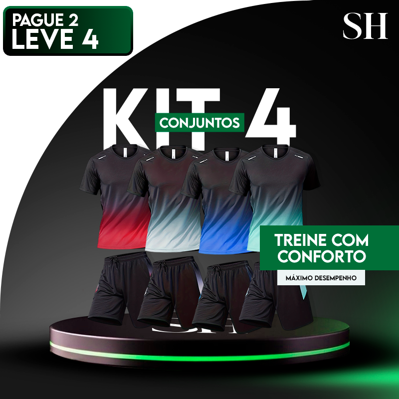 Kit de 4 Conjuntos Completos de Camisa e Short T-Shirt Fitness Respirável