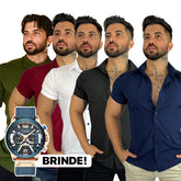 Kit 5 Camisas Sociais Lisas Manga Curta Brabus | +BRINDE: Relógio de Luxo